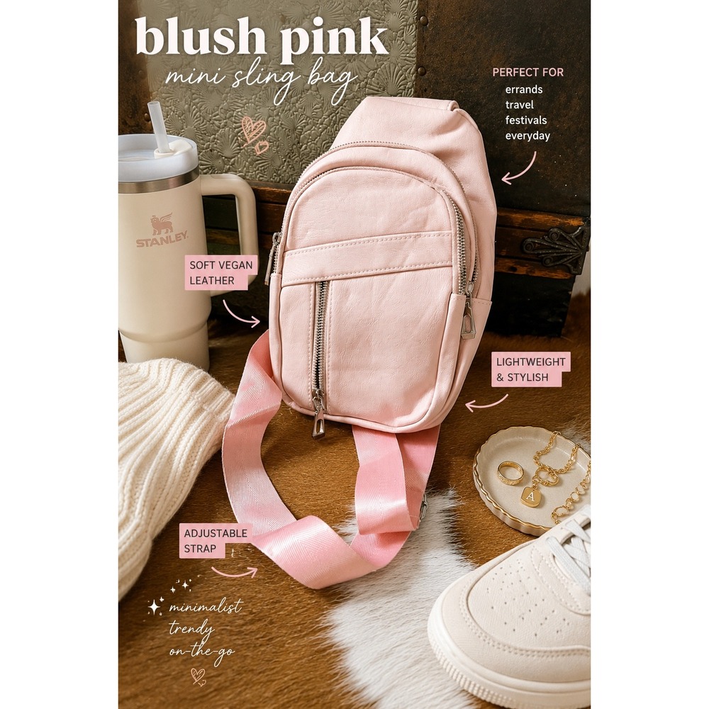 Blush Pink Mini Sling Back Crossbody Bag | Soft Vegan Leather | Silver Hardware